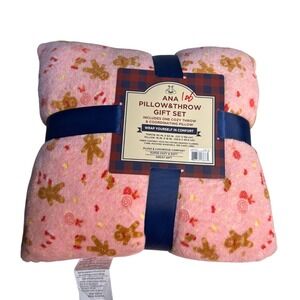 NWT ANA‎ Pillow & Throw Gift Set Pink Gingerbread Man Flannel Fleece 50x60 Cozy
